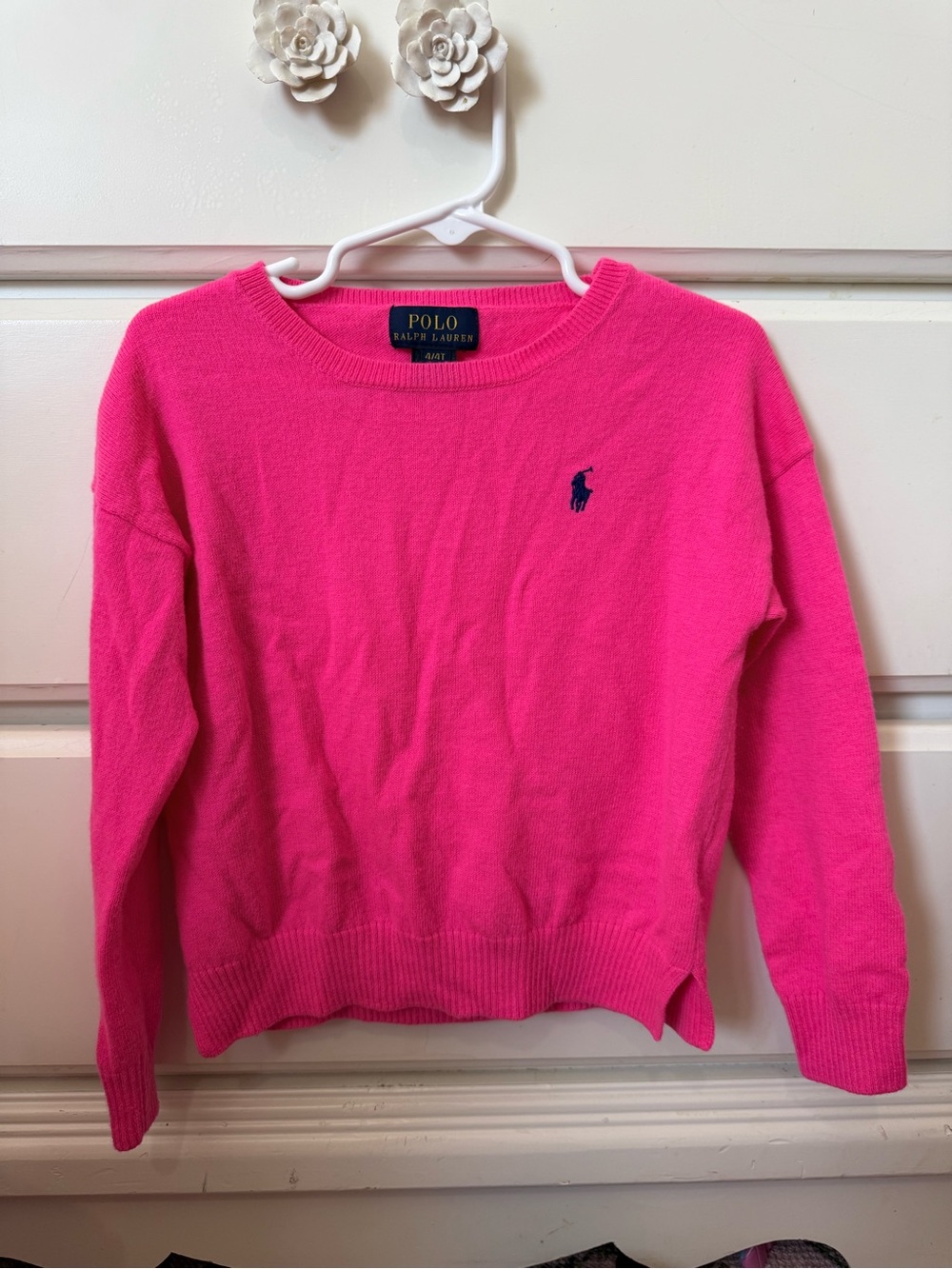 Polo by Ralph Lauren Girl’s Bright Pink Crewneck Sweater with Navy Pony